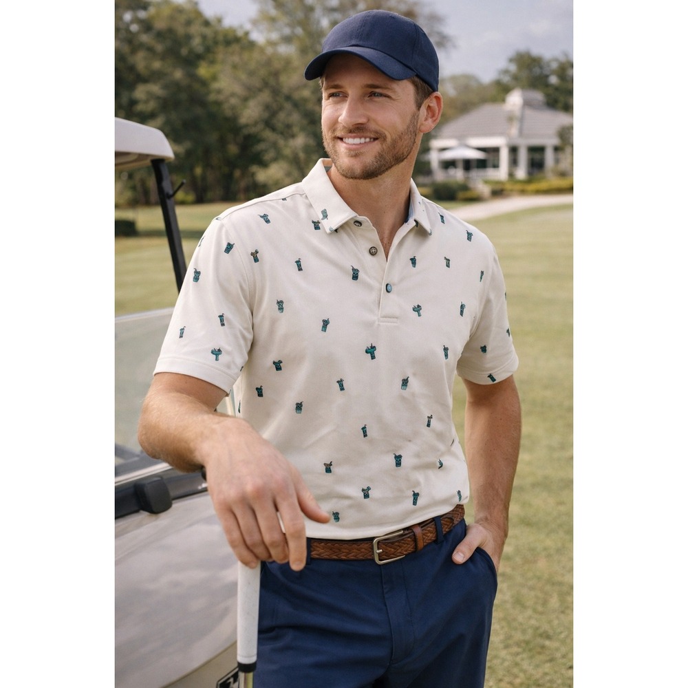 Devereux Tiki Cocktail Print Golf Polo Shirt White Teal Short Sleeve Mens Sz L